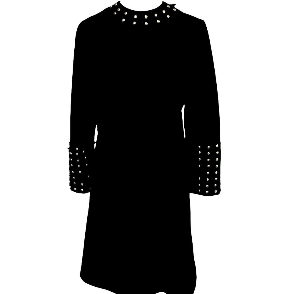 Vintage Mock Neck Mod Gothic Black/Silver Studded Long Sleeve Midi Dress Size 8